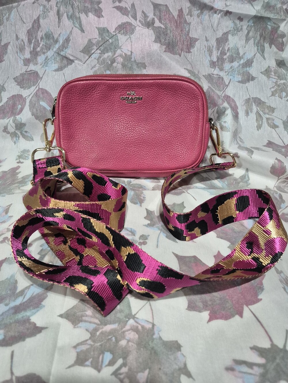Coach Pebble Leather Camera Bag in Pink with Leopard Strap